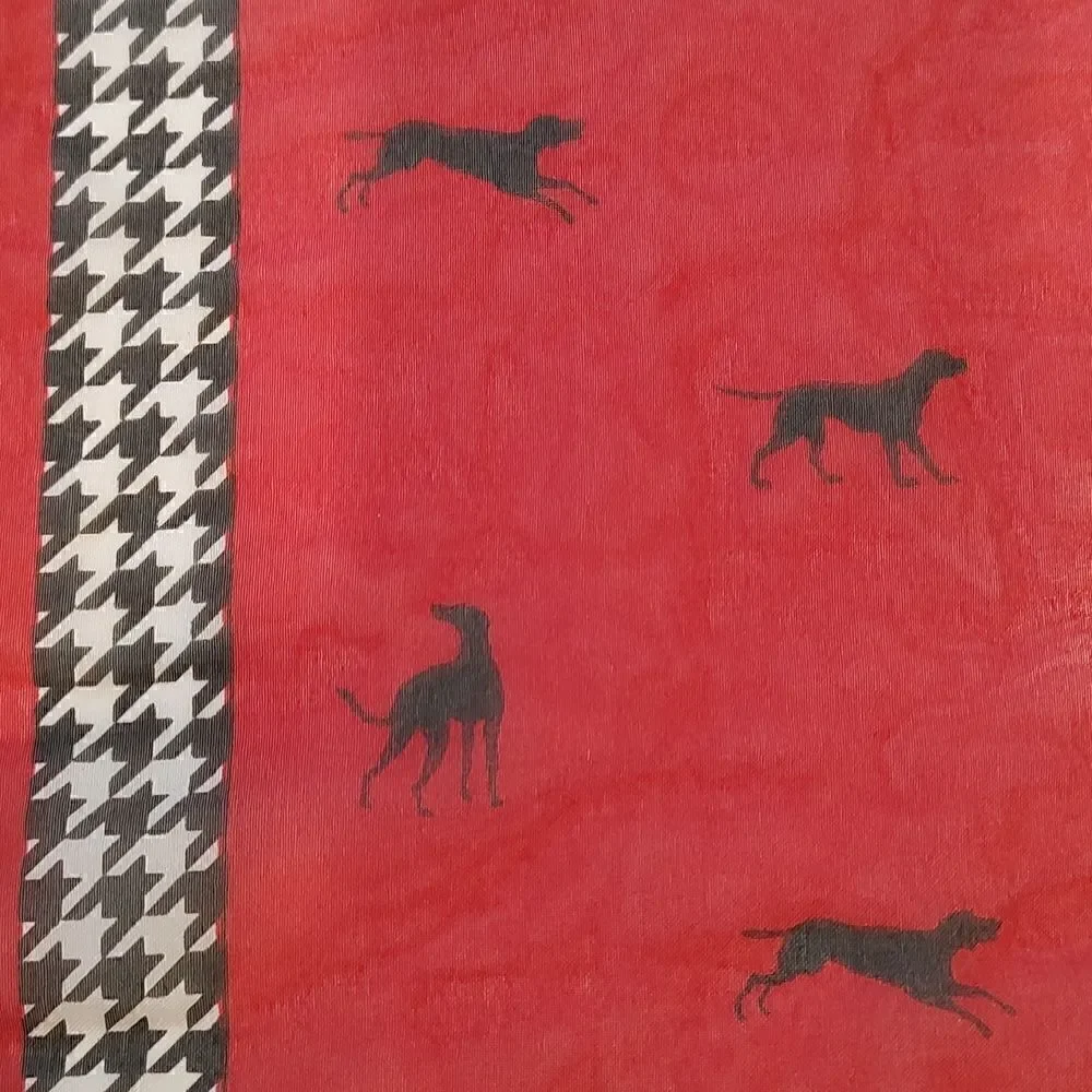Liz Claiborne Square Novelty Dog Print Red Scarf with Herringbone Trim